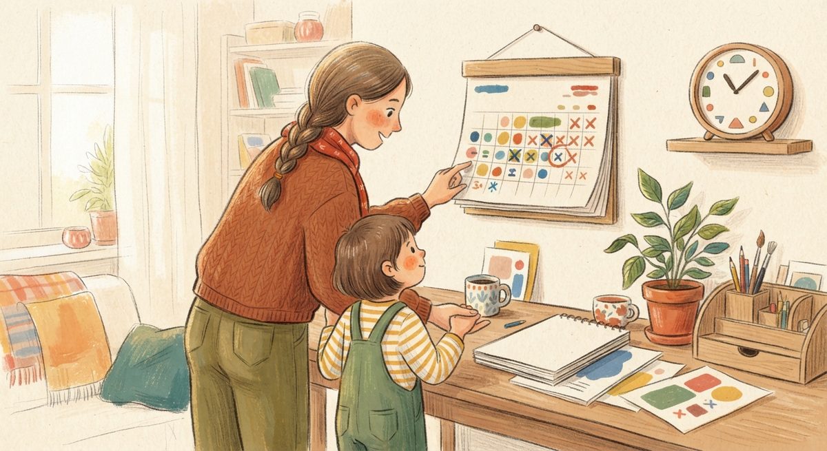 육아 중인 부모와 아이, 달력, 사무실 책상이 함께 그려진 따뜻한 톤의 손그림