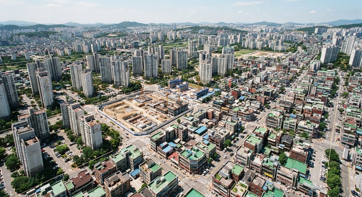 서울의 주택재개발 예정지역과 상업·주거지역이 섞여 있는 도시 풍경을 위에서 본 모습.