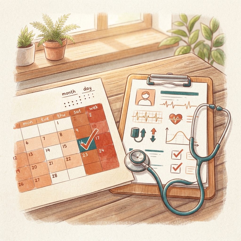 달력, 체크마크, 청진기, 클립보드가 함께 그려진 건강검진 일정 확인 장면.
