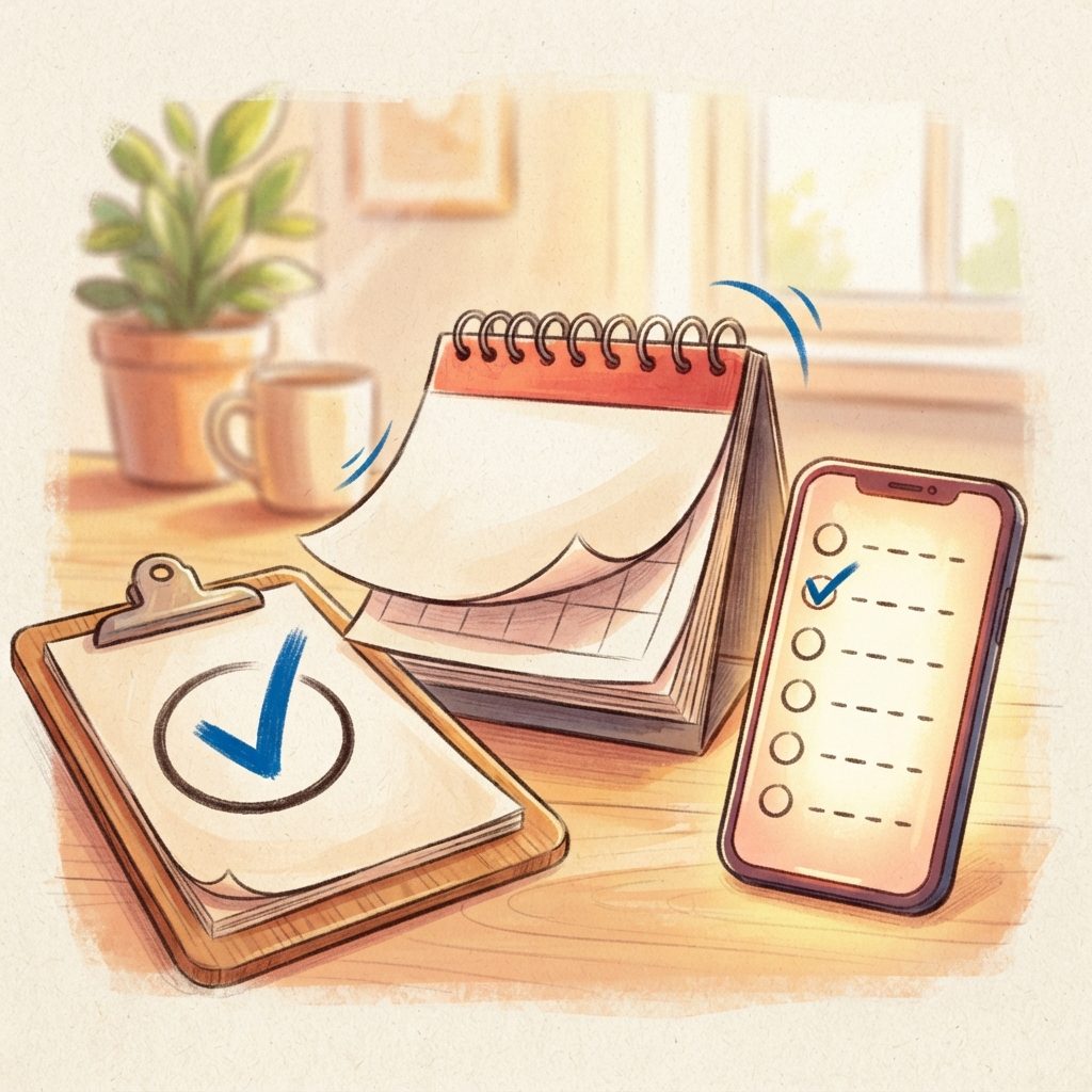 달력, 스마트폰, 체크리스트가 함께 그려진 손그림으로 주민등록 조사 일정을 나타낸 이미지.